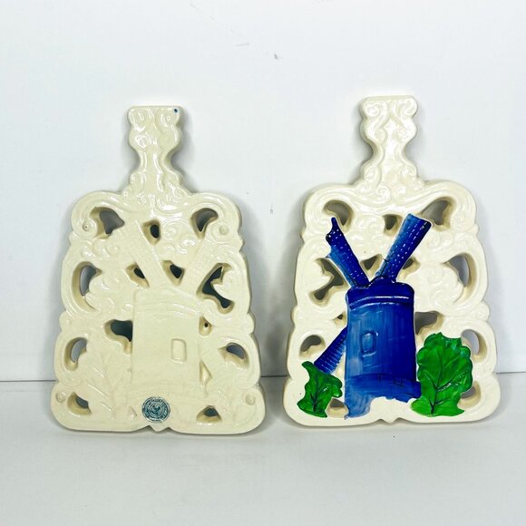 Fred Roberts Co. Porcelain Dutch Windmill Design Set 2 Ceramic White Blue Green - Picture 6 of 12